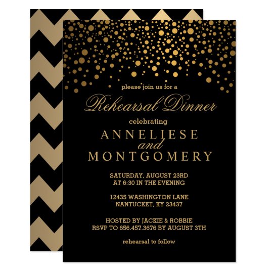 Black And Gold Confetti Rehearsal Dinner Invitation