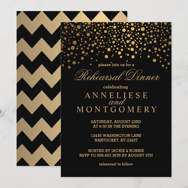 Black and Gold Confetti Rehearsal Dinner Invitation (Front/Back)