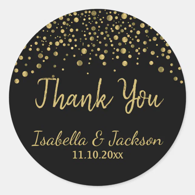 Black and Gold Confetti Thank You Design Classic Round Sticker | Zazzle