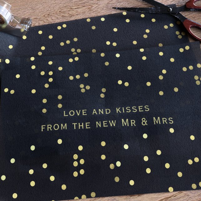 Black and Gold Confetti Thank You Tissue Paper (Faux gold confetti sprinkles on black tissue paper with space for a short message.)