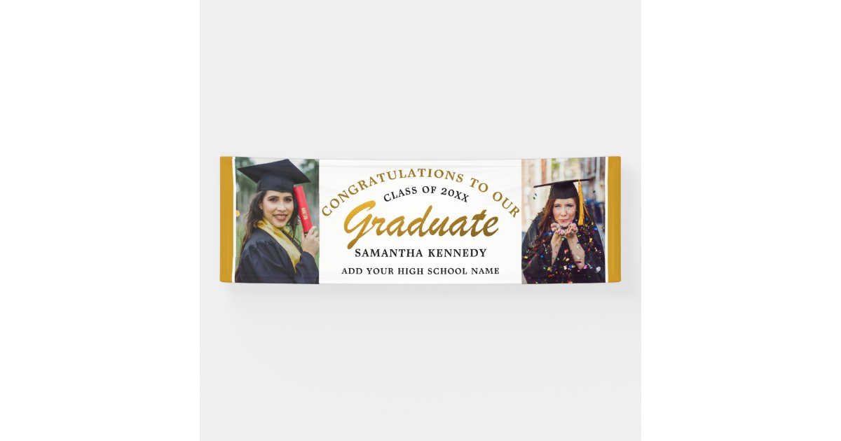Black And Gold Congrats Grad 2 Photo Graduation Banner | Zazzle