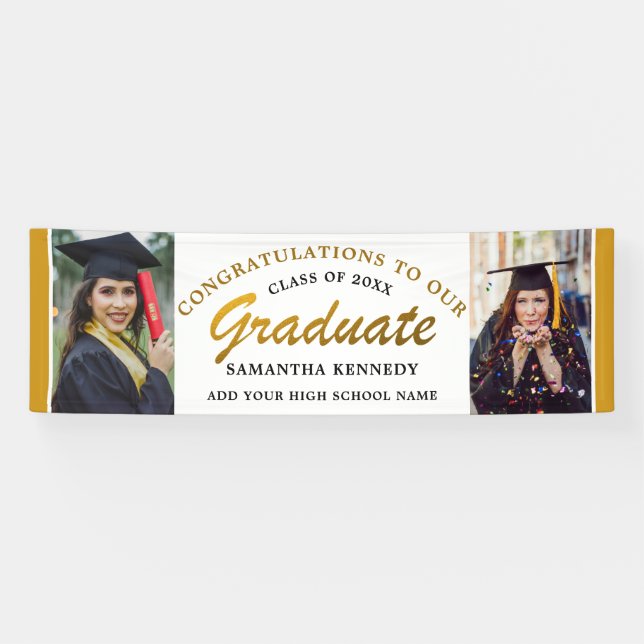 Black And Gold Congrats Grad 2 Photo Graduation Banner (Horizontal)