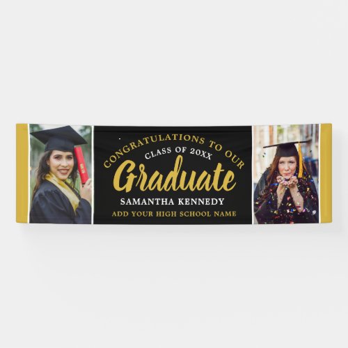 Black And Gold Congrats Grad 2 Photo Graduation Banner