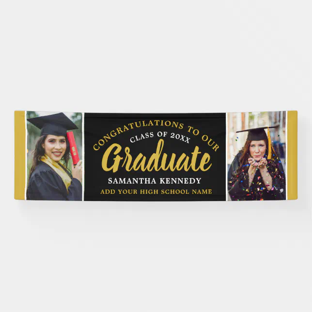 Black And Gold Congrats Grad 2 Photo Graduation Banner | Zazzle