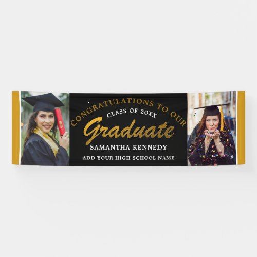 Black And Gold Congrats Grad Two Photo Graduation Banner