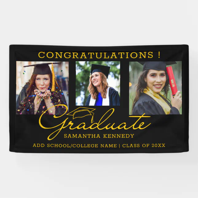 Black And Gold Congrats Graduate 3 Photo Collage Banner | Zazzle