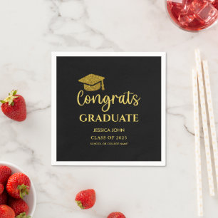 Black and Gold Congrats Graduate Graduation Napkins