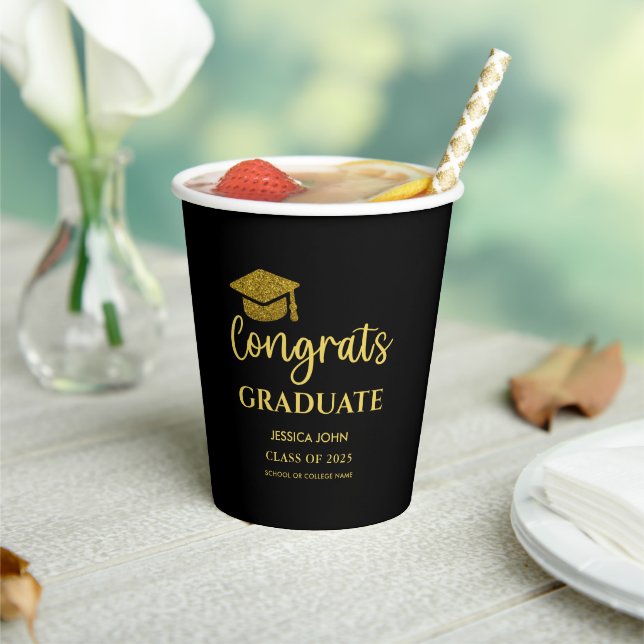Black and Gold Congrats Graduate Graduation  Paper Cups (Insitu)