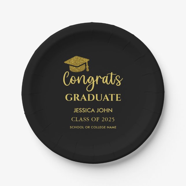 Black and Gold Congrats Graduate Graduation  Paper Plates (Front)