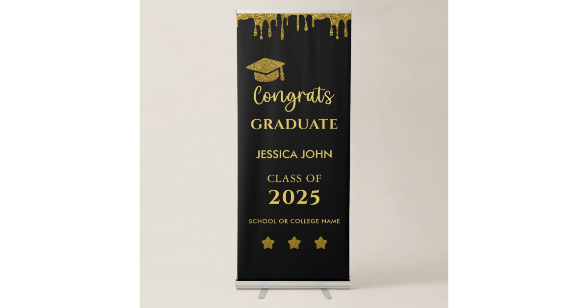 Black and Gold Congrats Graduate Graduation Retractable Banner | Zazzle