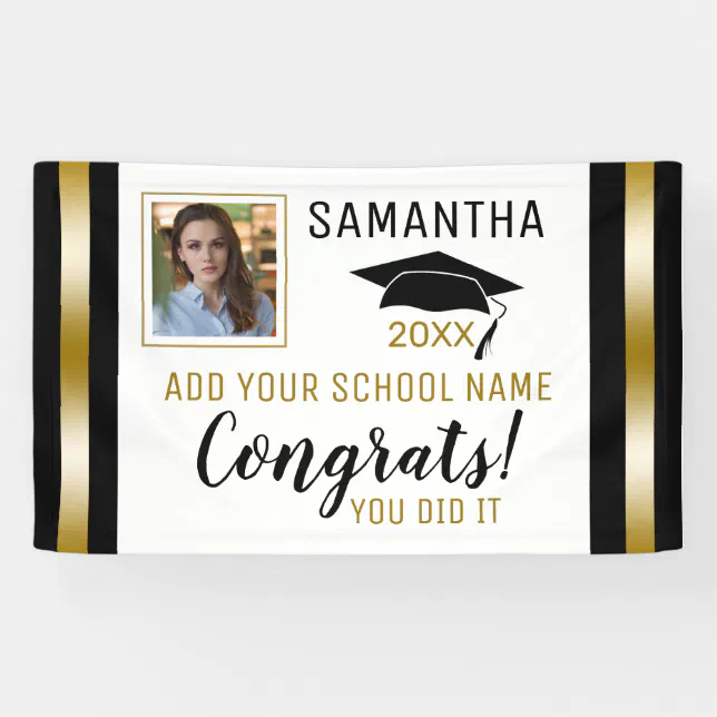Black And Gold Congrats Graduate Photo Graduation Banner | Zazzle