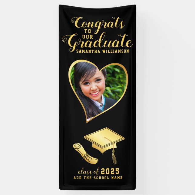 Black and Gold Congrats Graduate Photo Graduation Banner (Vertical)