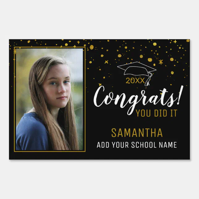 Black And Gold Congrats Graduate Photo Graduation Sign | Zazzle