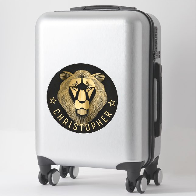    Black and Gold Cool Modern Old Lion Custom Name Sticker (Suitcase)