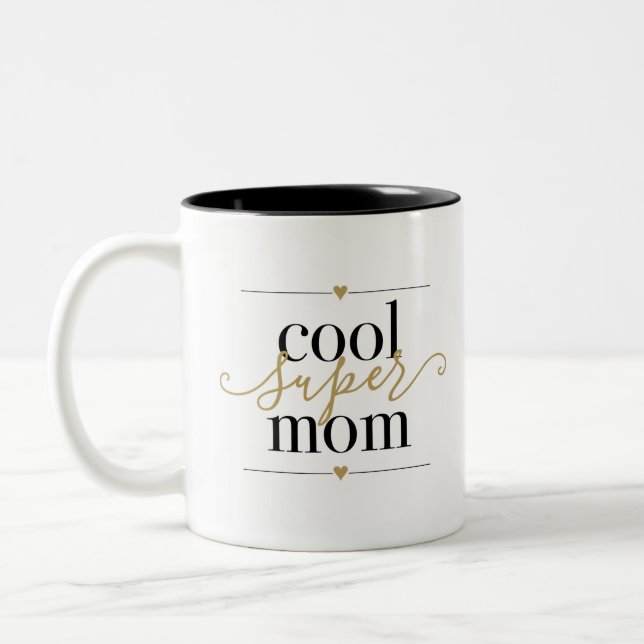 Black and Gold Cool Super Mom Modern Elegant Two-Tone Coffee Mug (Left)