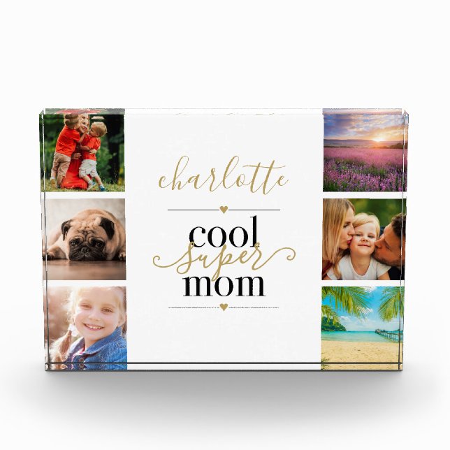 Black And Gold Cool Super Mom Personalized 6 Photo Block (Front)