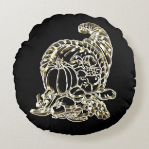 Black and Gold Cornucopia Happy Thanksgiving Round Pillow