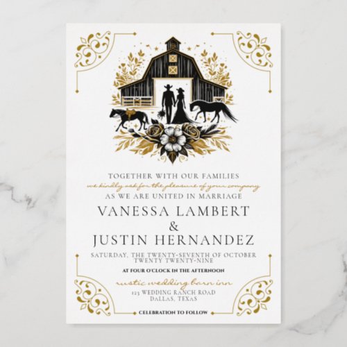 Black and Gold Country Wedding Foil Invitation