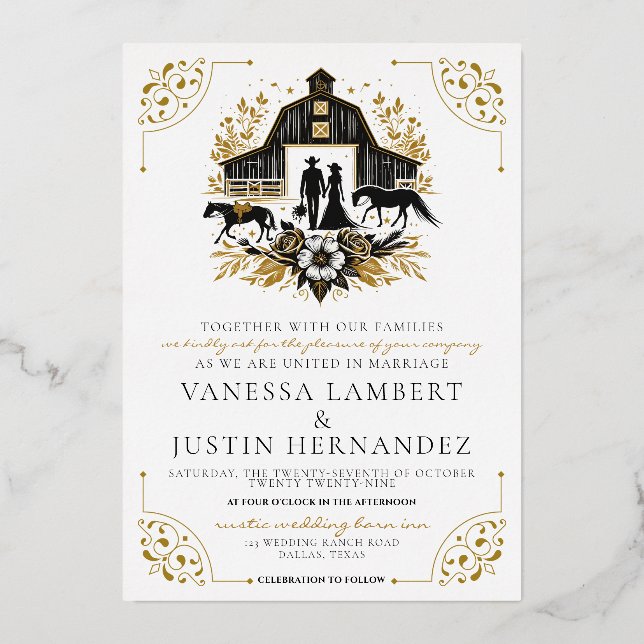 Black and Gold Country Wedding Foil Invitation (Front)