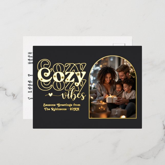 Black and Gold Cozy Vibes Retro Christmas Foil Holiday Postcard (Front/Back)