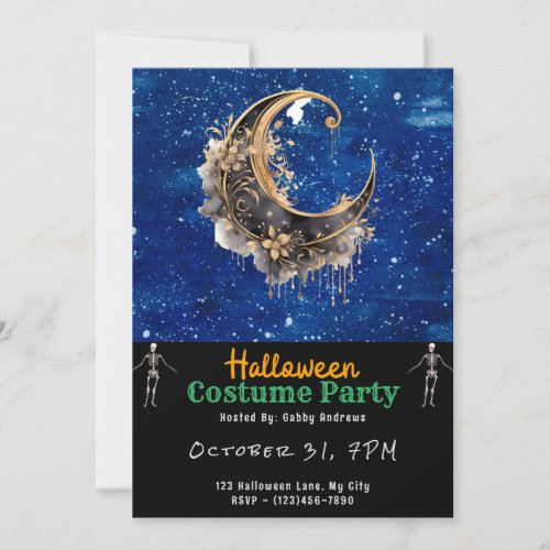Black and Gold Crescent Moon Black Halloween Invitation