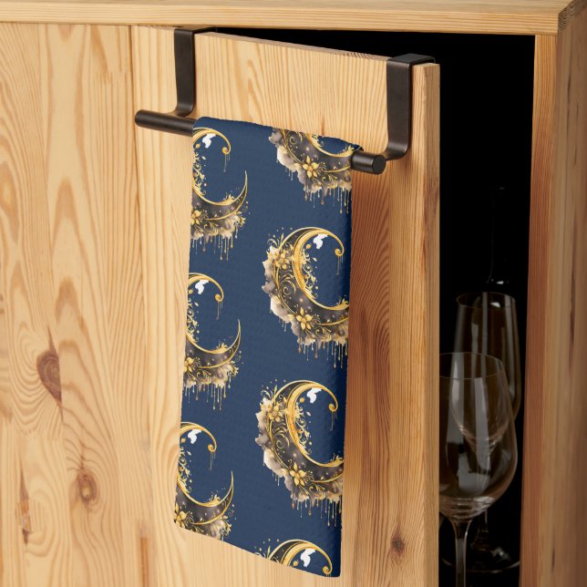 Black and Gold Crescent Moon Pattern Halloween Kitchen Towel (Thirds Fold)
