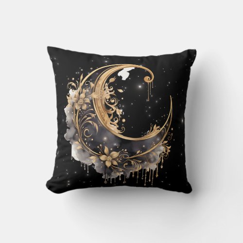 Black and Gold Crescent Moon Starry Halloween Throw Pillow