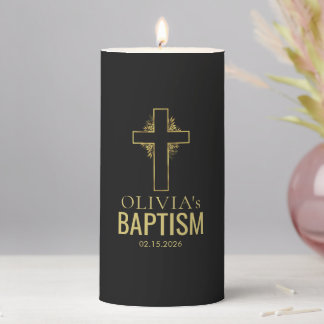 Black and Gold Cross Catholic Baptism Pillar Candle