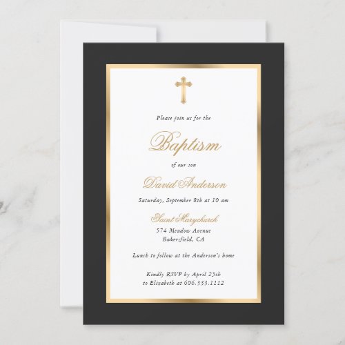 Black and Gold Cross Elegant Script Baptism Invitation