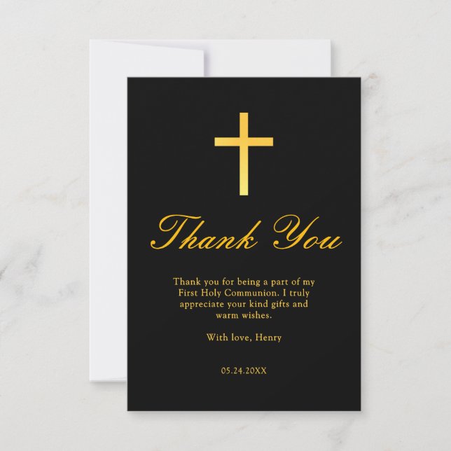 Black and Gold Cross First Communion Thank You Note Card (Front)