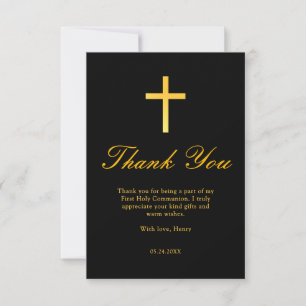 Black and Gold Cross First Communion Thank You Note Card