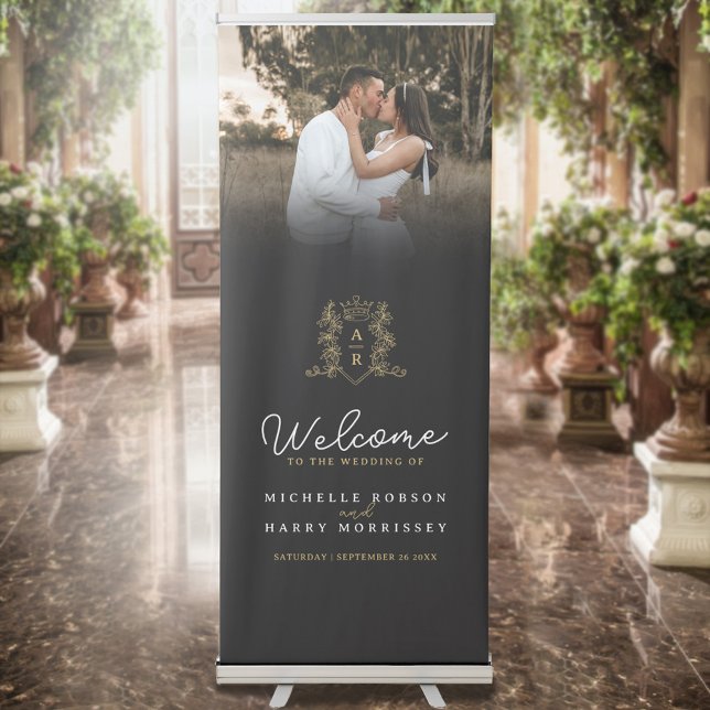 Black and gold crown crest monogram wedding photo retractable banner (Creator Uploaded)