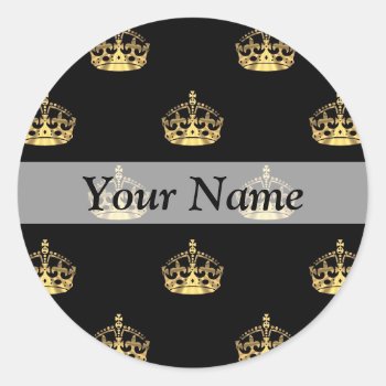 Black And Gold Crown Pattern Classic Round Sticker by Patternzstore at Zazzle
