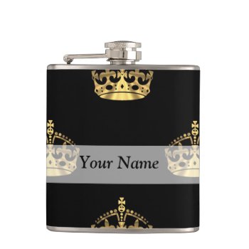 Black And Gold Crown Pattern Flask by Patternzstore at Zazzle