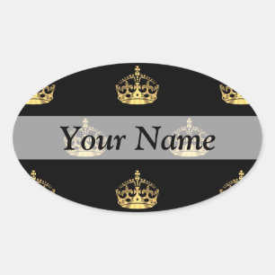 Black and gold crown pattern oval sticker