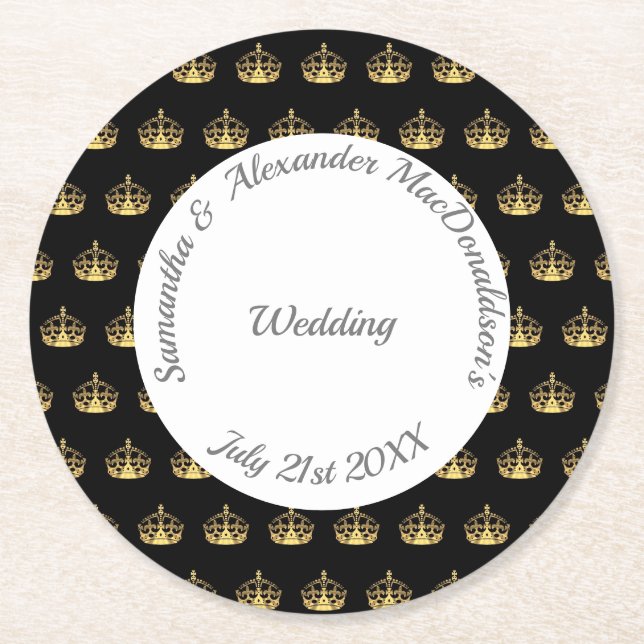 Black and gold crown wedding round paper coaster (Front)