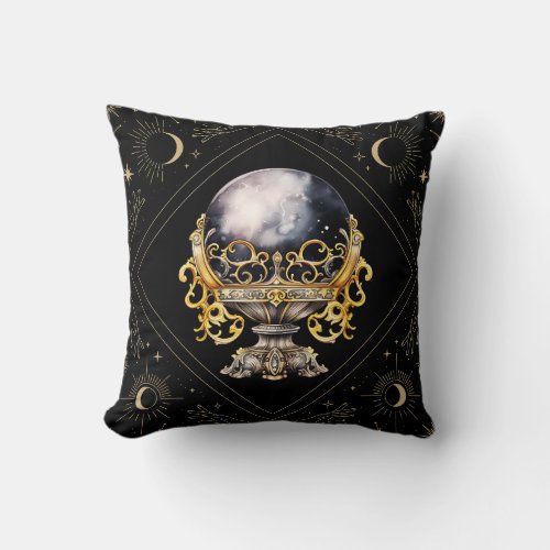 Black and Gold Crystal Ball Mystical Halloween Throw Pillow