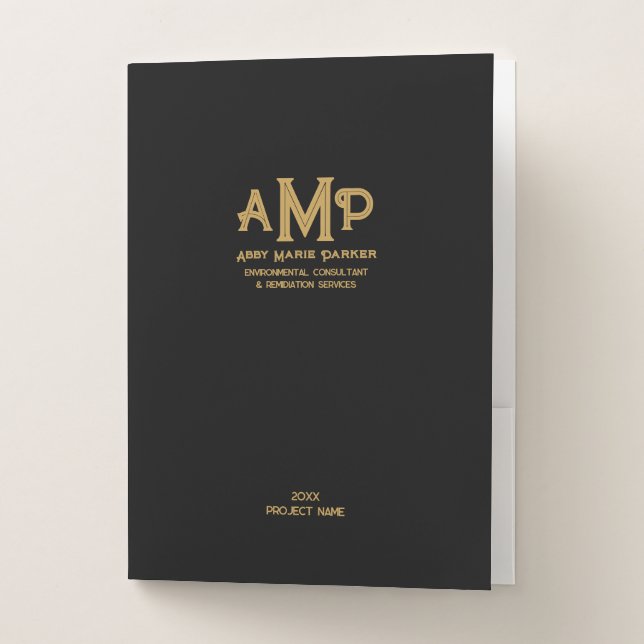 Black and Gold Custom Monogram Pocket Folder (Front)