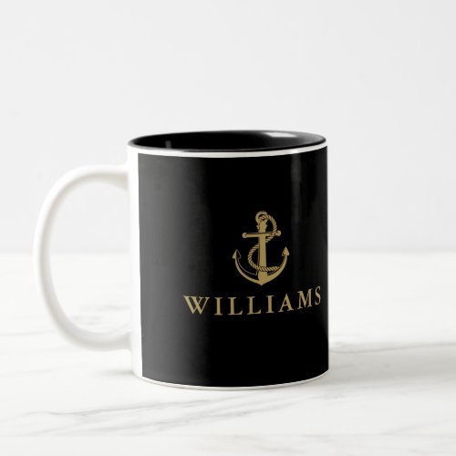 Black And Gold Custom Name Nautical Boat Anchor Two_Tone Coffee Mug