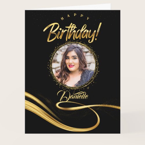 Black and gold custom photo elegant birthday card 