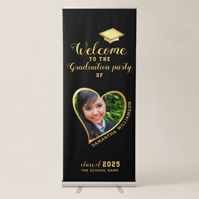 Black and Gold Custom Photo Welcome Graduation Retractable Banner (Front)