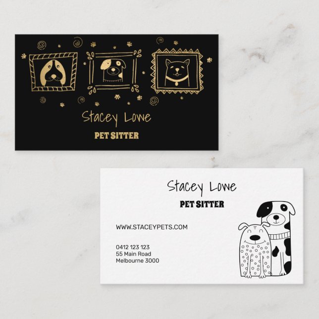 Black And Gold Cute Dogs Pet Sitter | Dog Walker Business Card (Front/Back)