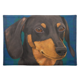 Black and Gold Dachshund Portrait on Blue Placemat