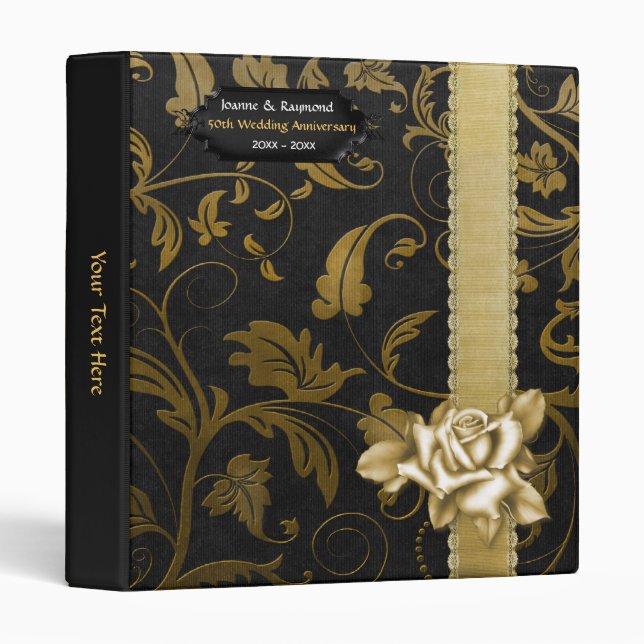 Black and Gold Damask 50th Wedding Anniversary Binder (Front/Spine)