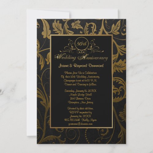 Black and Gold Damask 50th Wedding Anniversary Invitation