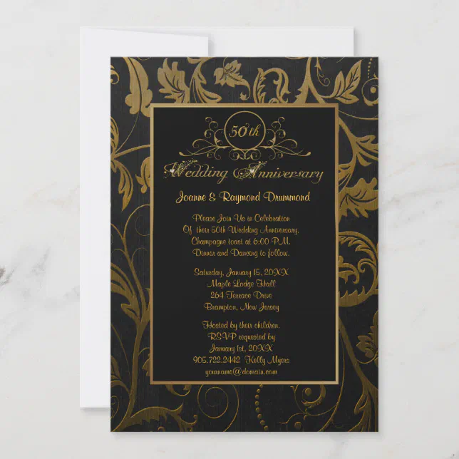 Black and Gold Damask 50th Wedding Anniversary Invitation | Zazzle