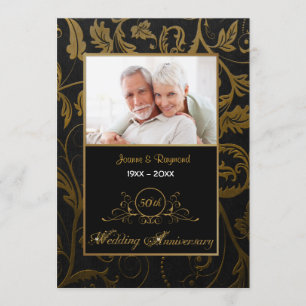 Black and Gold Damask 50th Wedding Anniversary Invitation