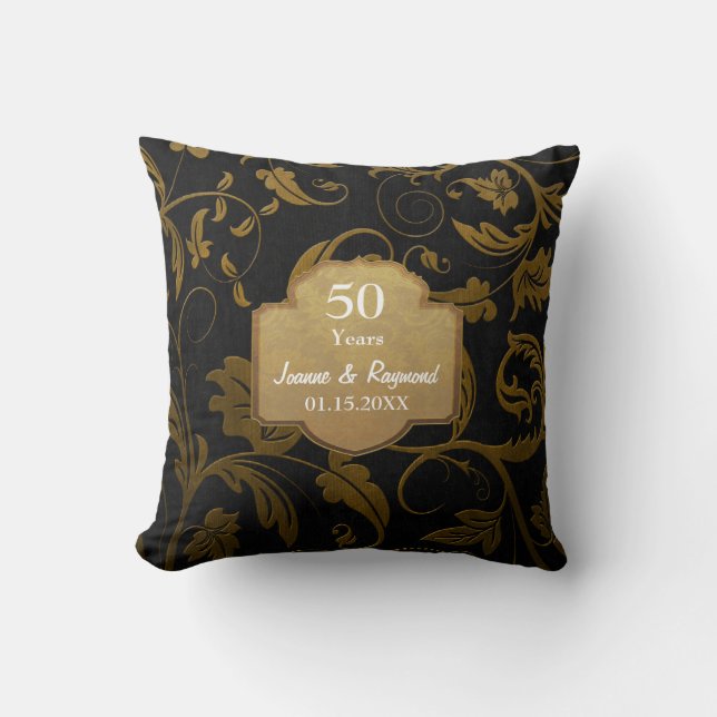 Black and Gold Damask 50th Wedding Anniversary Throw Pillow (Front)