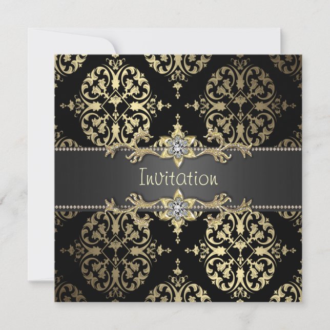 Black and Gold Damask All Occasion Party Invitation (Front)