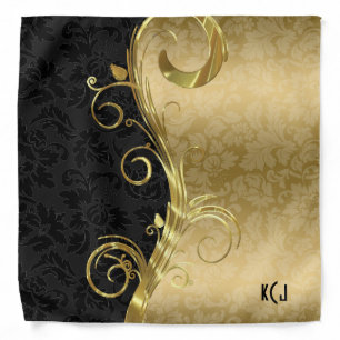 Black And Gold Damask And Gold Swirl Bandana
